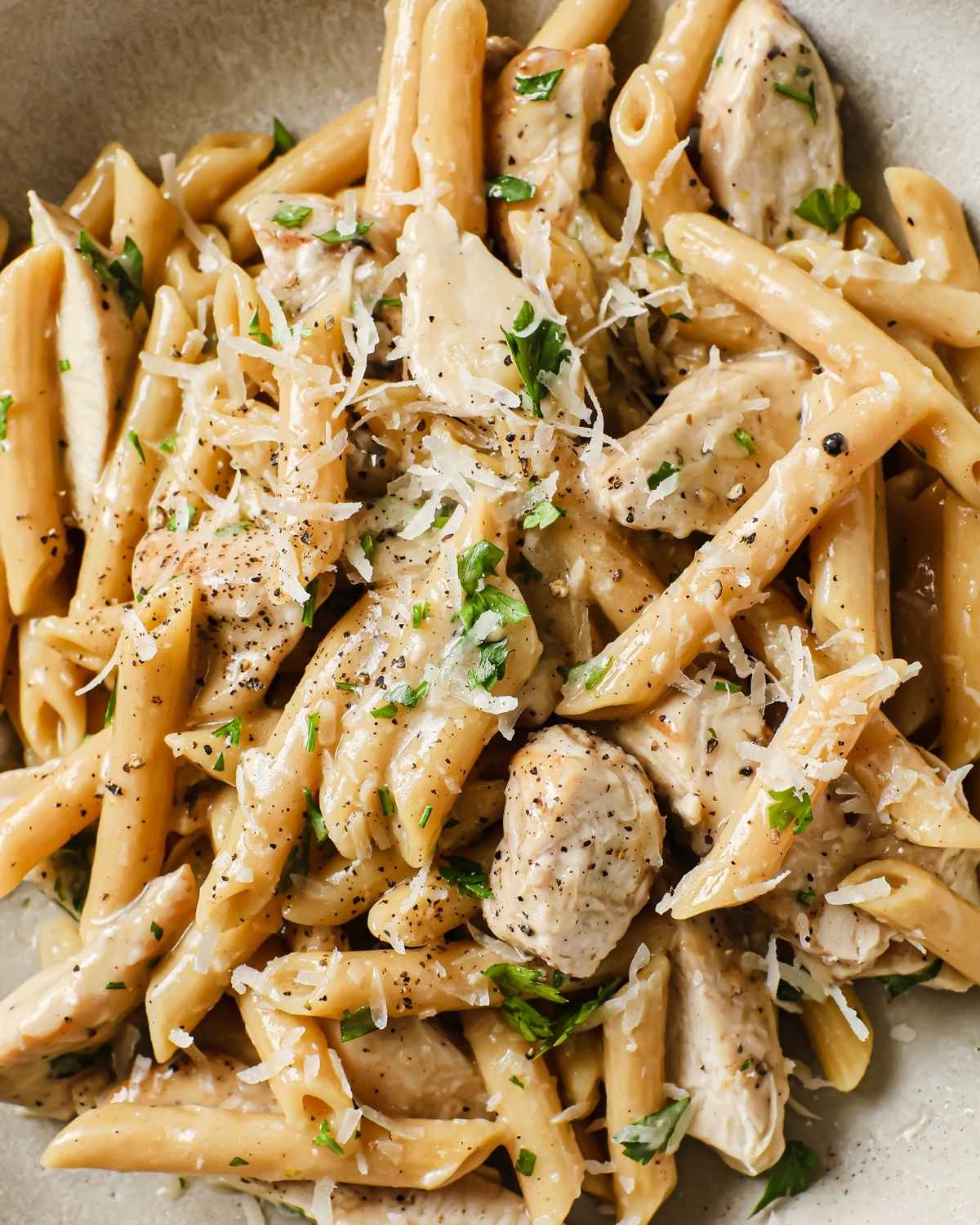 overhead view of garlic chicken pasta in a plate