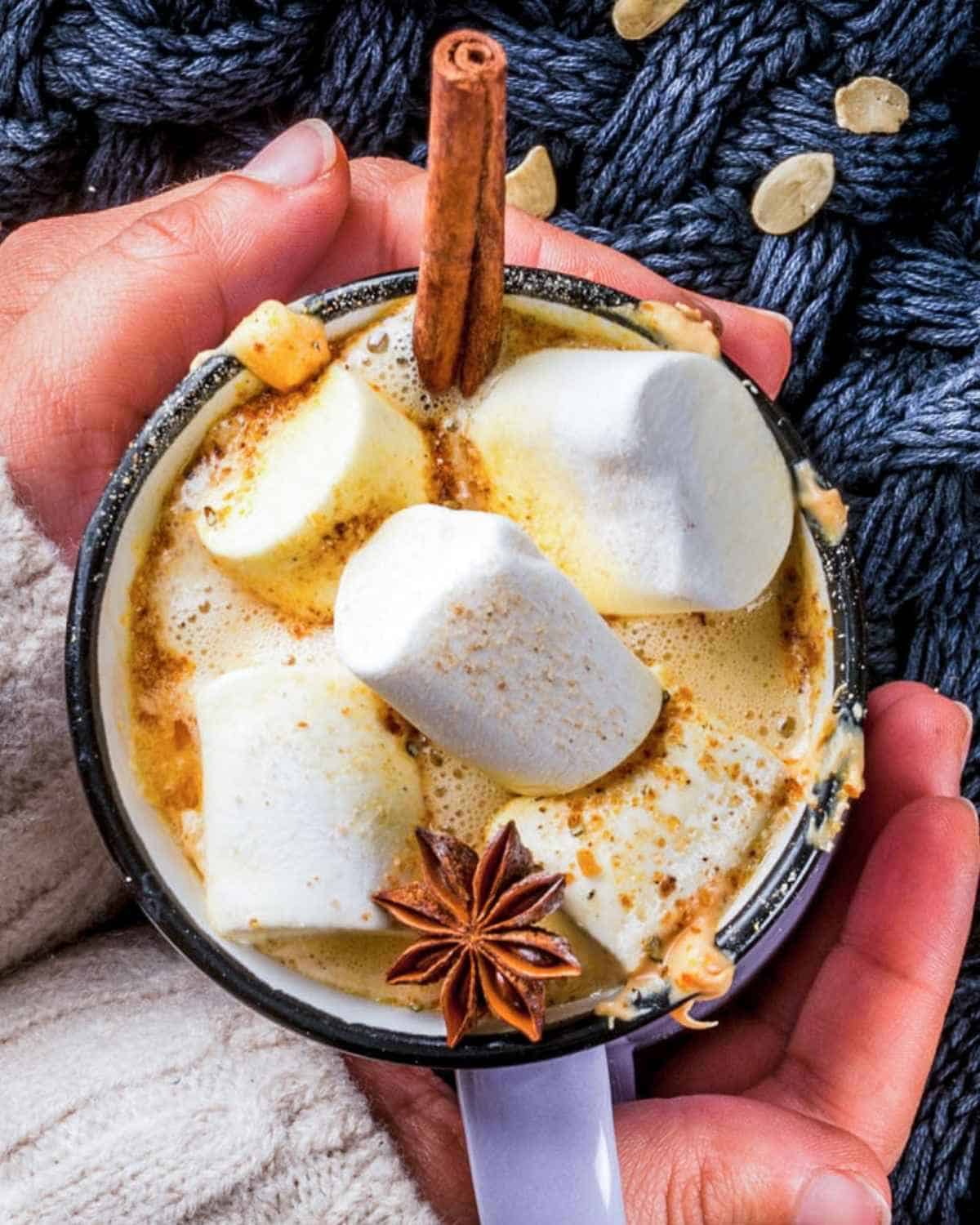 two hands holding a mug of pumpkin hot chocolate topped with marshmallows and a cinnamon stick