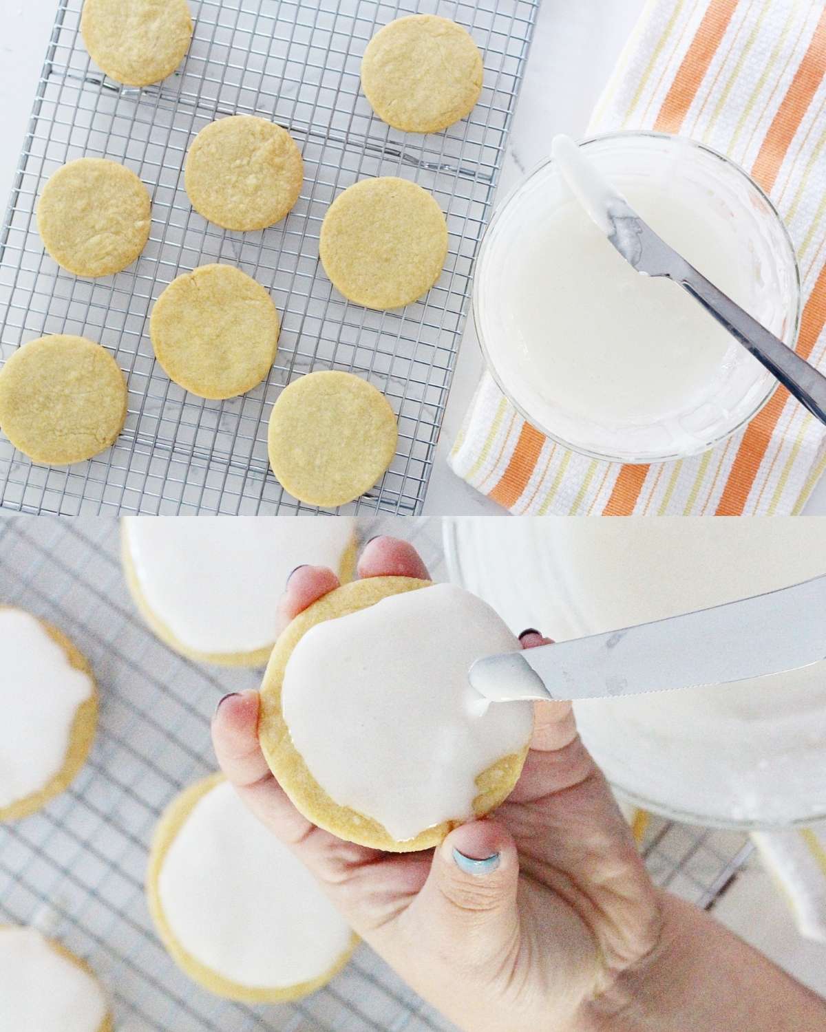 Sugar cookies cooling on a wire rack next to a bowl of white icing with a butter knife resting inside.
A hand spreads white icing onto a cooled sugar cookie using a butter knife, with frosted and unfrosted cookies on a wire rack in the background.
