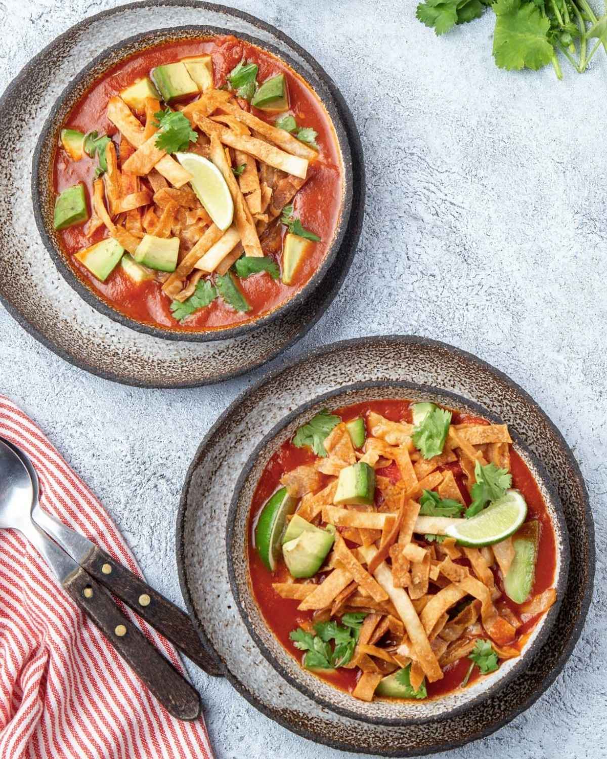 two bowls of veggie tortilla soup