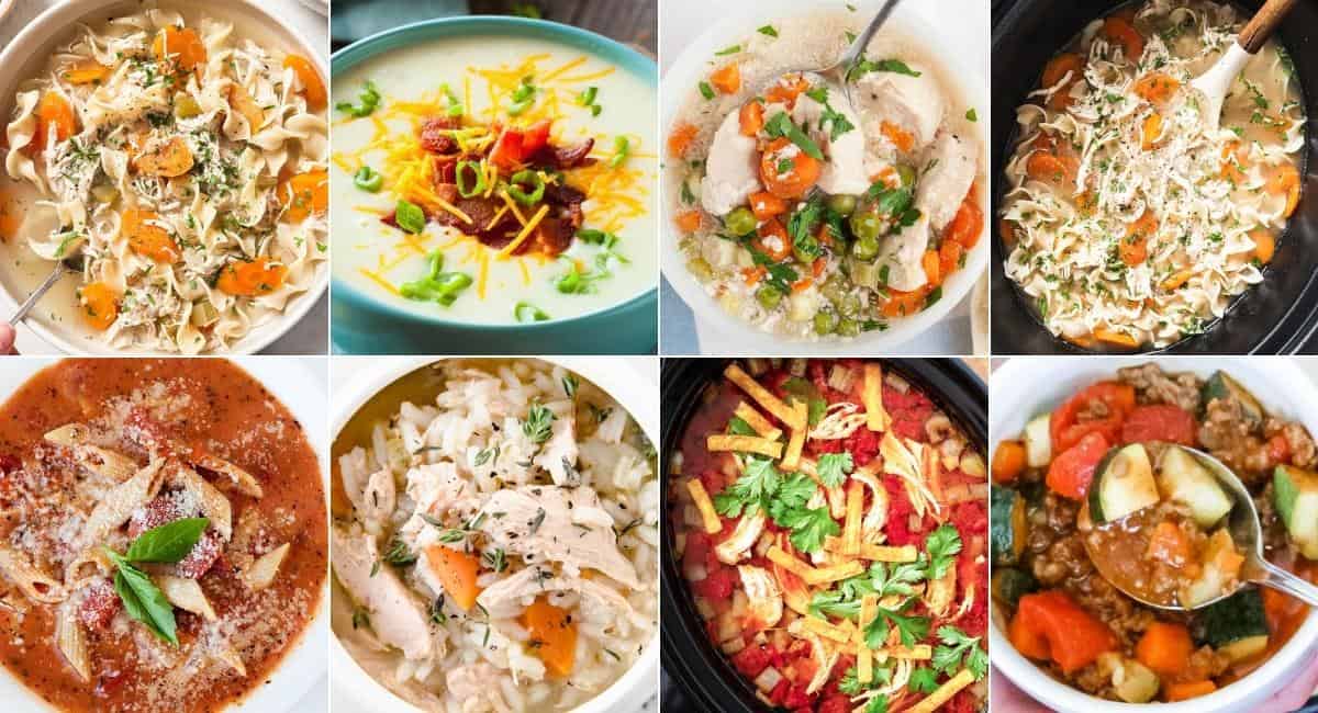 collage image with eight types of soups