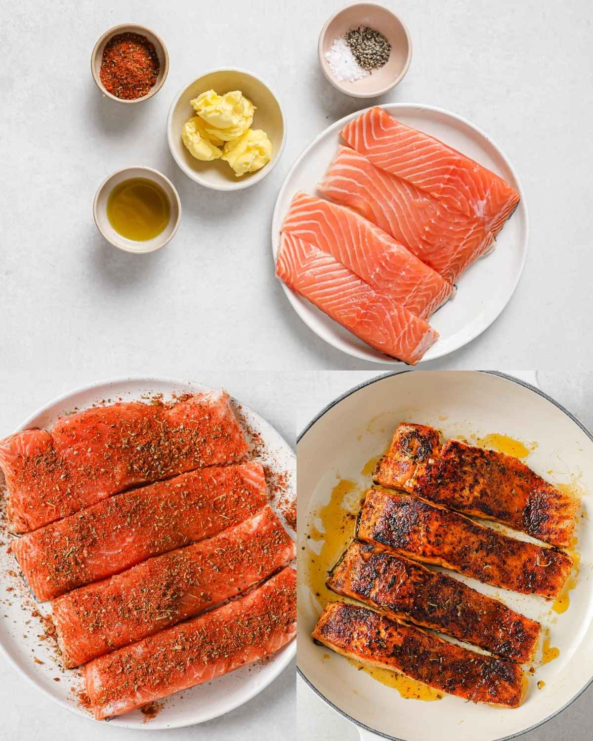top: raw salmon fillets in a dish, bowls with butter, oli, and seasonings; bottom: spiced cajun salmon before and after cooking
