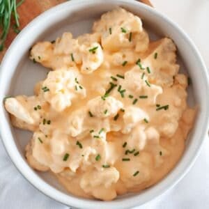 cauliflower mac and cheese in a large dinner bowl
