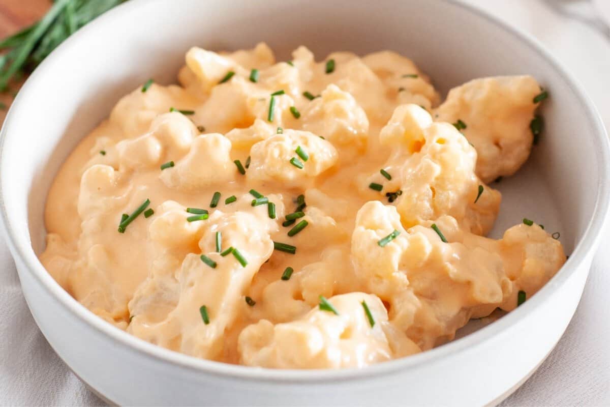 cauliflower mac and cheese in a large dinner bowl