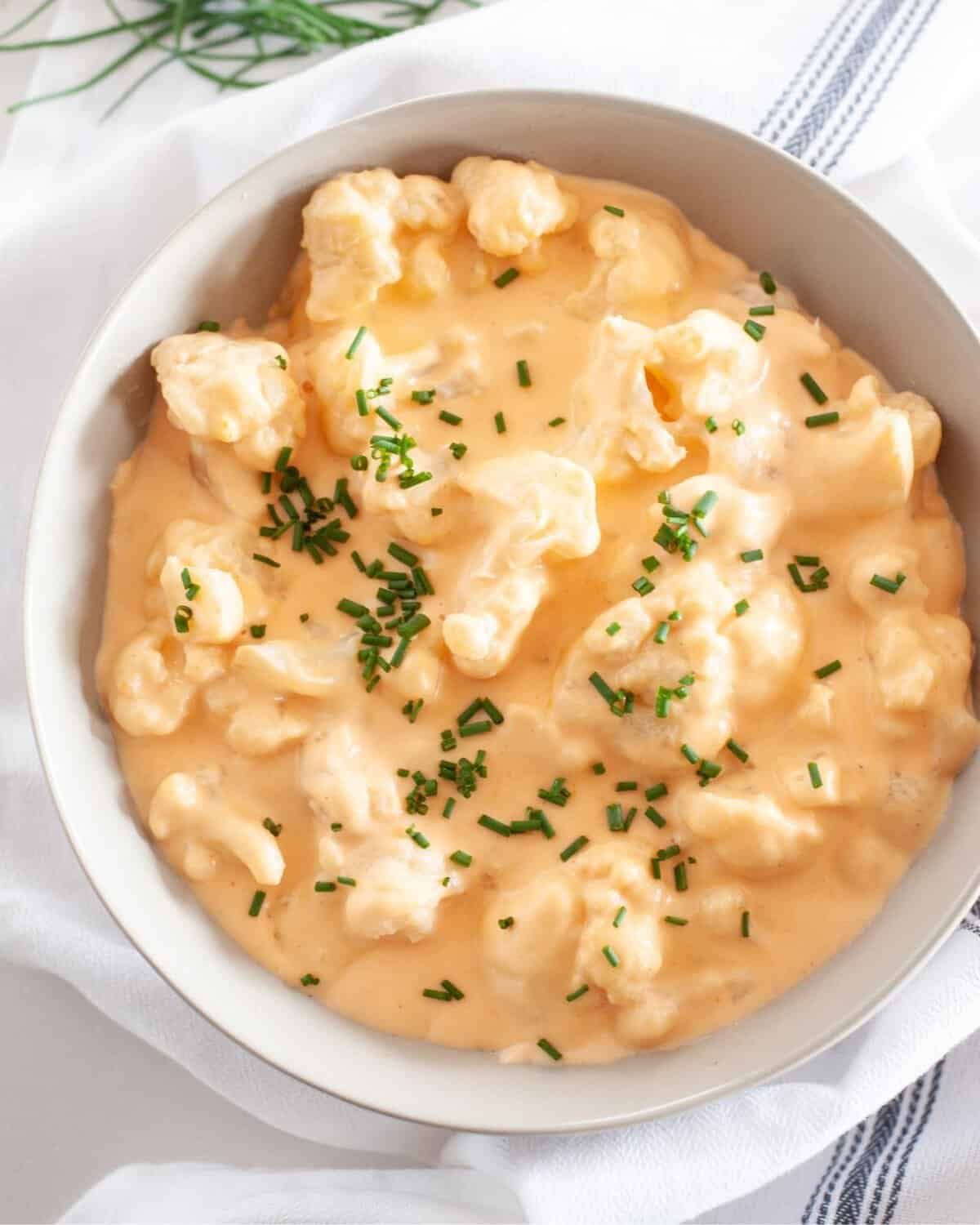 cauliflower mac and cheese in a large dinner bowl