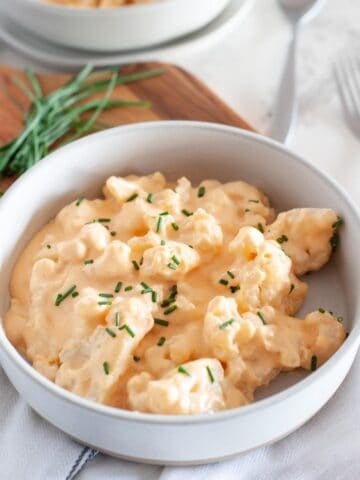 cauliflower mac and cheese in a large dinner bowl