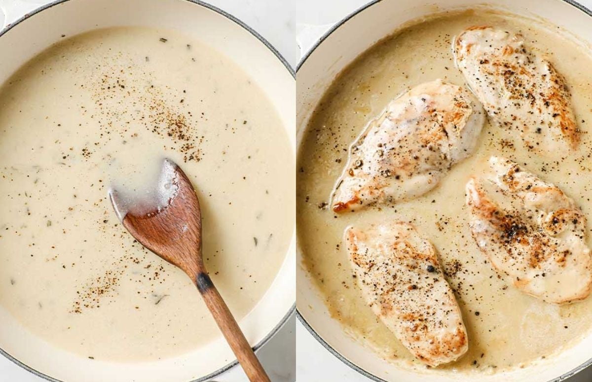 Left: creamy garlic sauce simmering in a large skillet with a wooden spoon resting inside. Right: seared chicken breasts cooking in the creamy garlic sauce in a skillet, lightly browned.