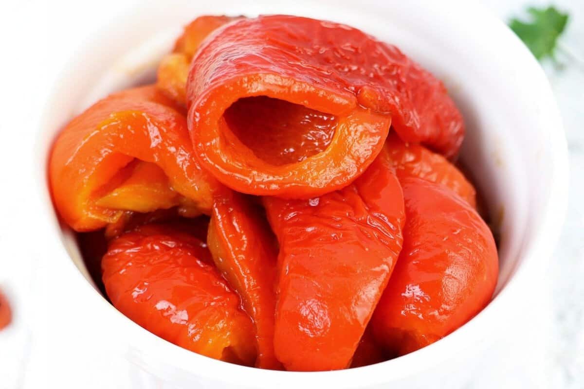 small bowl of roasted red pepper pieces