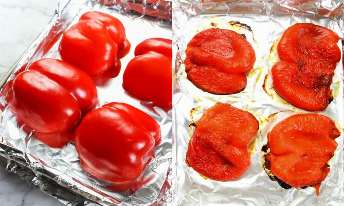 side by side image of roasted red peppers in a lined baking sheet before and after roasting