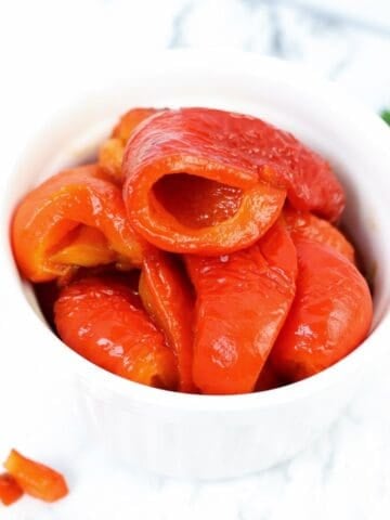 small bowl of roasted red pepper pieces