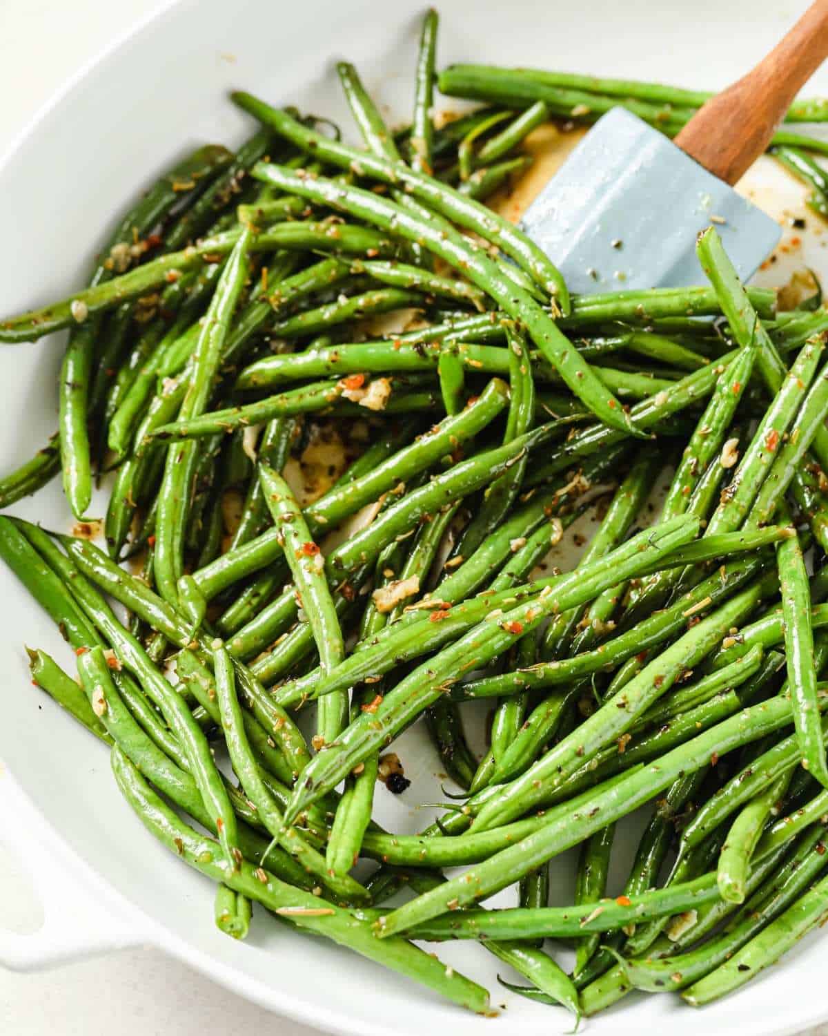 spicy green beans in a large bowl