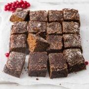 cut squares of gingerbread cake topped with powdered sugar
