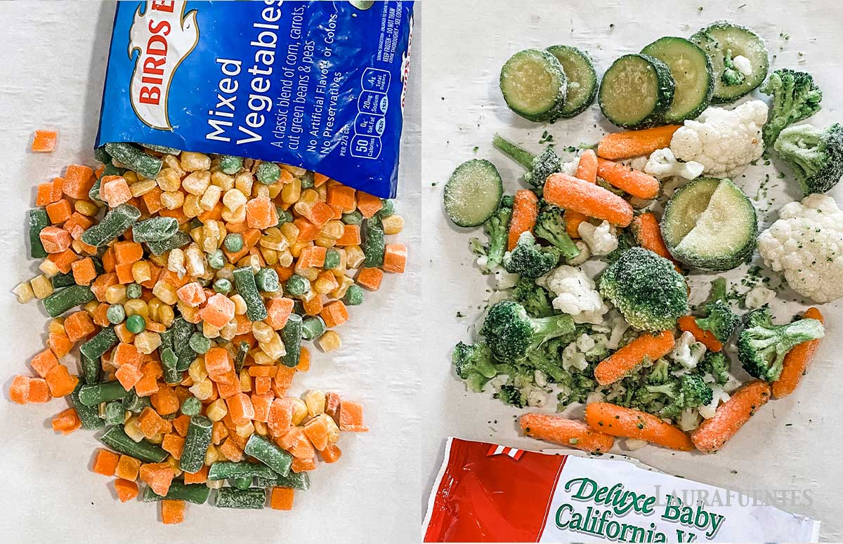 side by side photos of frozen bags of vegetables pouring onto baking sheets for roasting