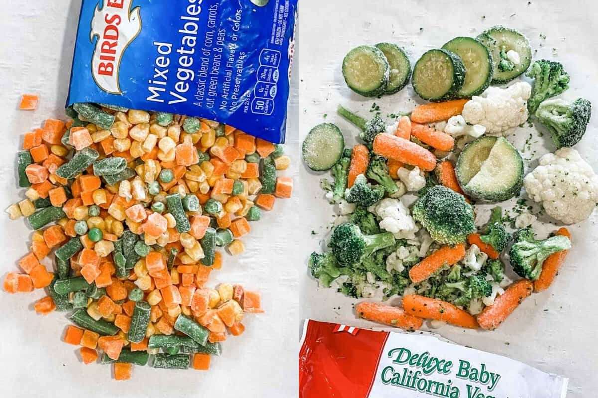 side by side photos of frozen bags of vegetables pouring onto baking sheets for roasting