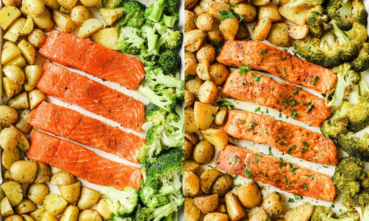 two image collage of potatoes, salmon, and broccoli on a sheet pan before baking on left and after being baked on right