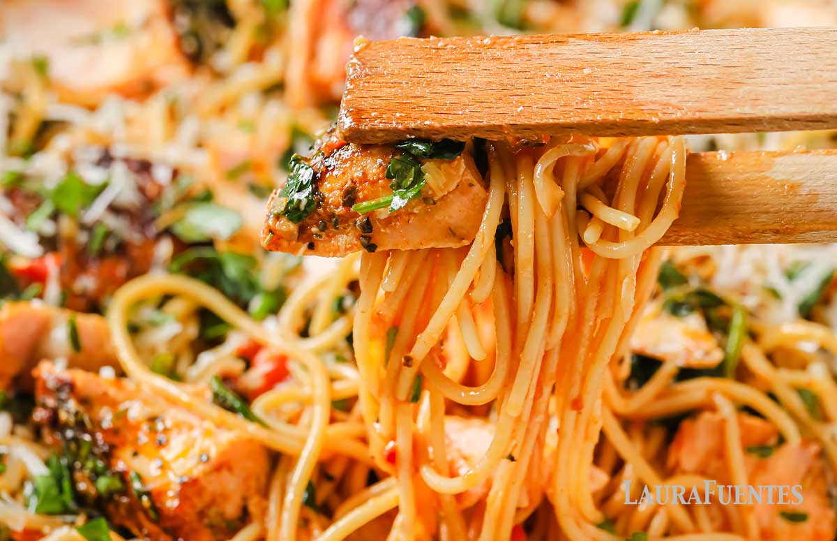 large pot of cajun salmon pasta