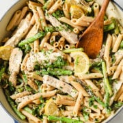 chicken asparagus pasta in a skillet