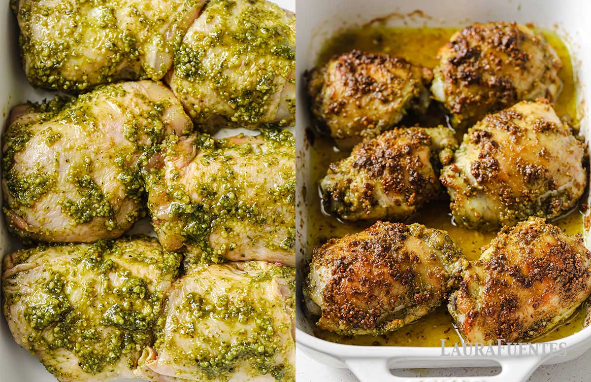 side by side of pesto chicken thighs before and after baking