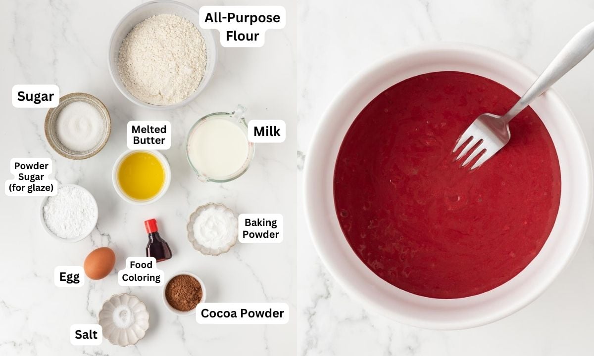 2 image collage. on left, are the ingredients needed to make red velvet pancakes (also labeled) and on the right is the mixed batter.