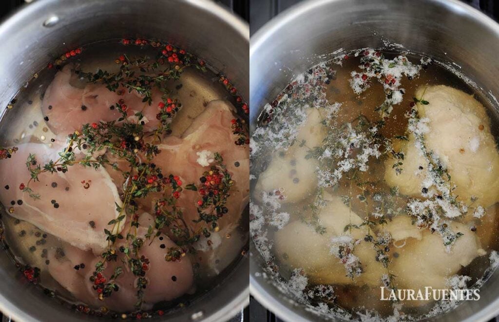 side by side photos of chicken breasts being poached in a large pot