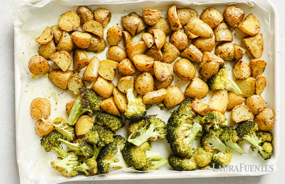 large sheet pan of roasted potatoes and broccoli