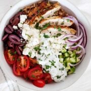 mediterranean farro salad with chicken bowl