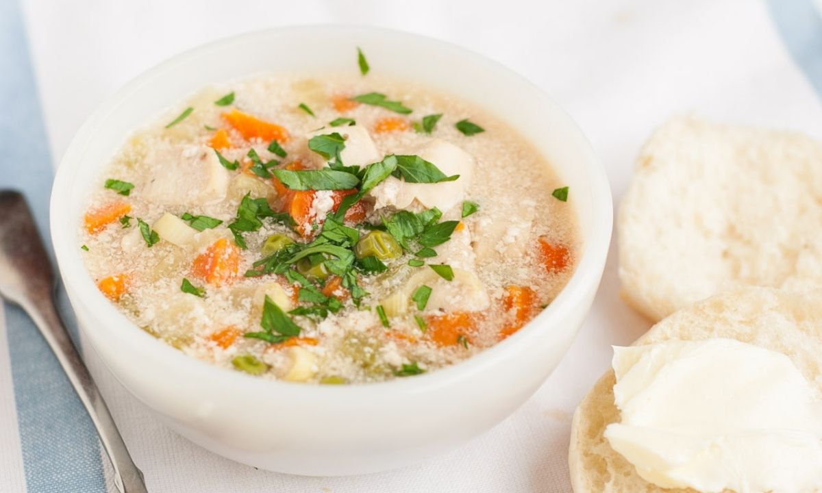 a bowl of chicken pot pie soup