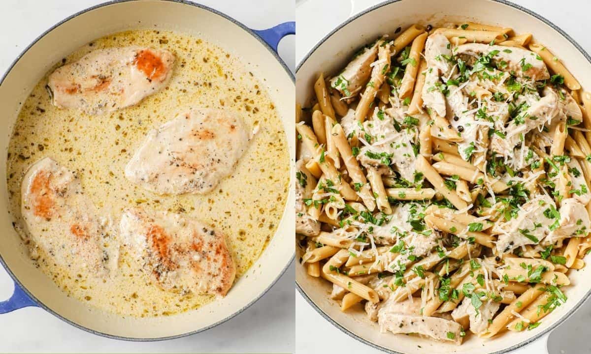 side by side image of lemon garlic sauce. on left in a skilet with chicken breasts and on the right, in a skillet with pasta and chicken