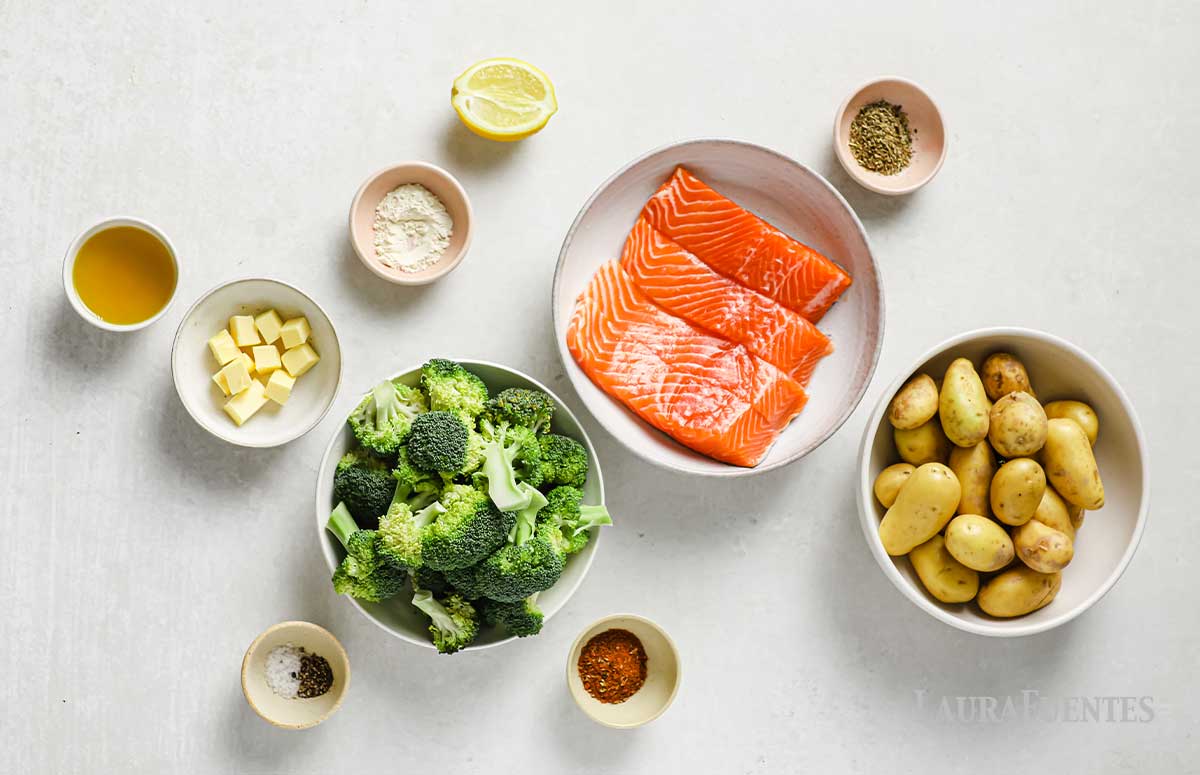 potatoes, seasonings, salmon, broccoli, butter, olive oil and half lemon.