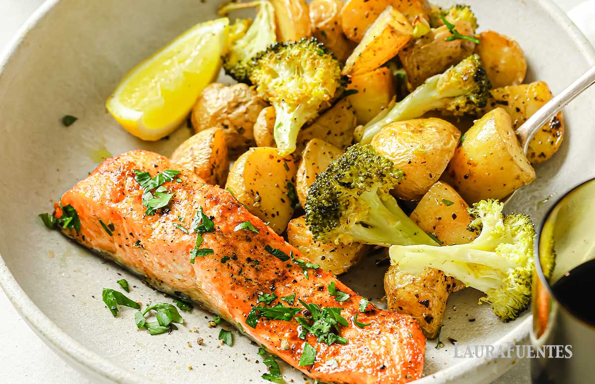 Sheet Pan Salmon Broccoli & Potatoes on a plate