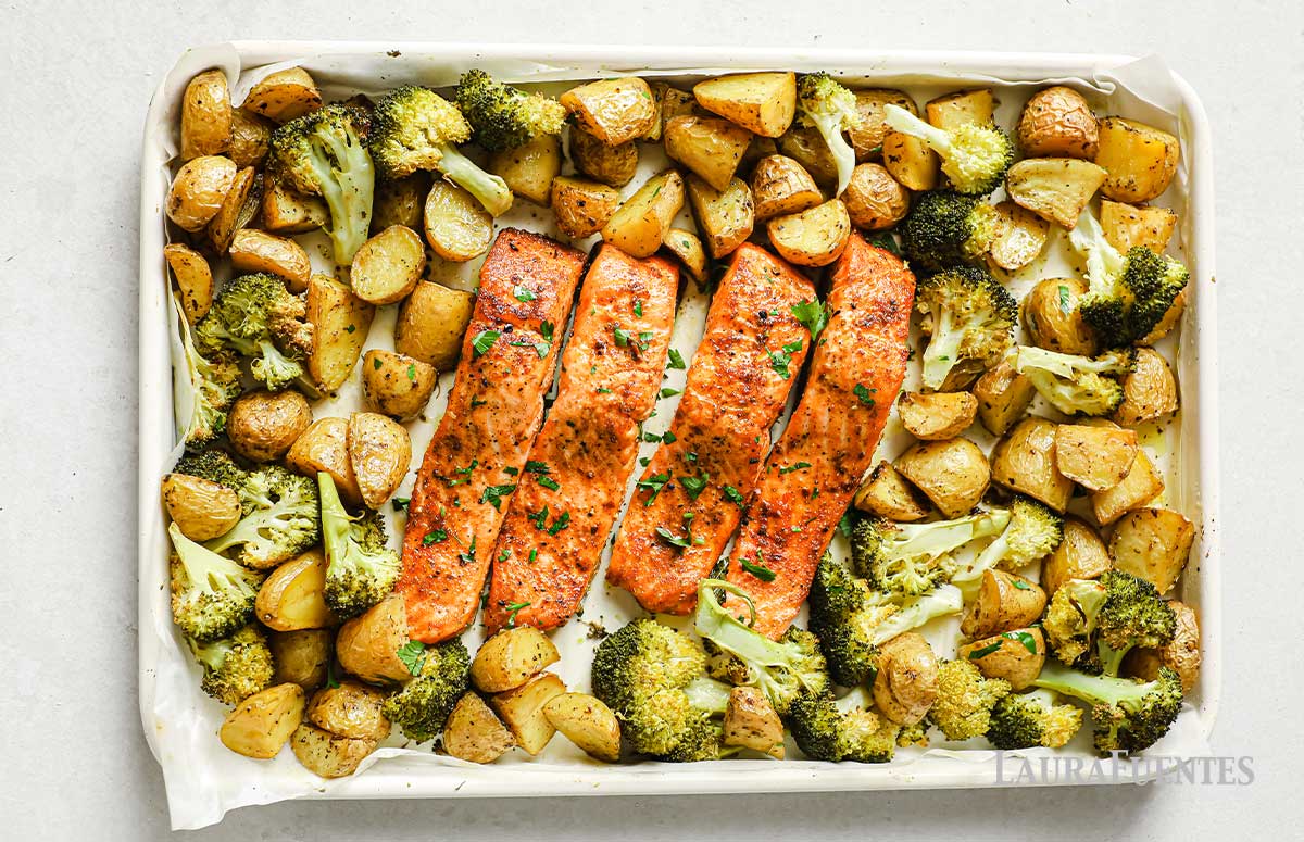 salmon, broccoli and potatoes baked on a sheet pan
