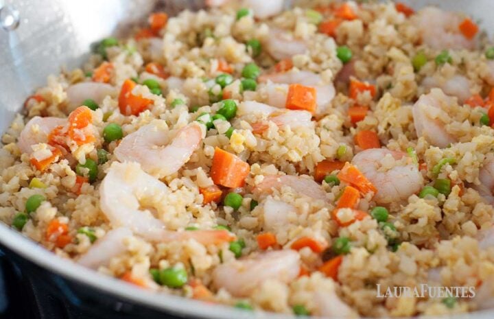 Huge skillet of cauliflower shrimp fried rice keto