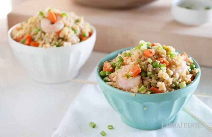 two small bowls of fried cauliflower rice with shrimp