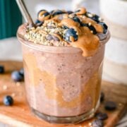 a jar with chocolate peanut butter overnight oats