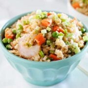 a small bowl of fried cauliflower rice with shrimp