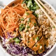 closeup of a Thai Chicken and Rice Bowl