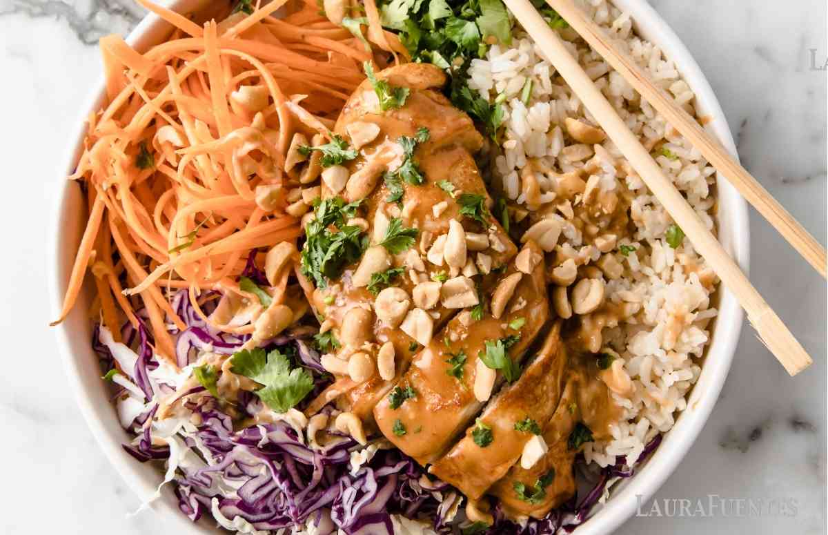 closeup of a Thai Chicken and Rice Bowl