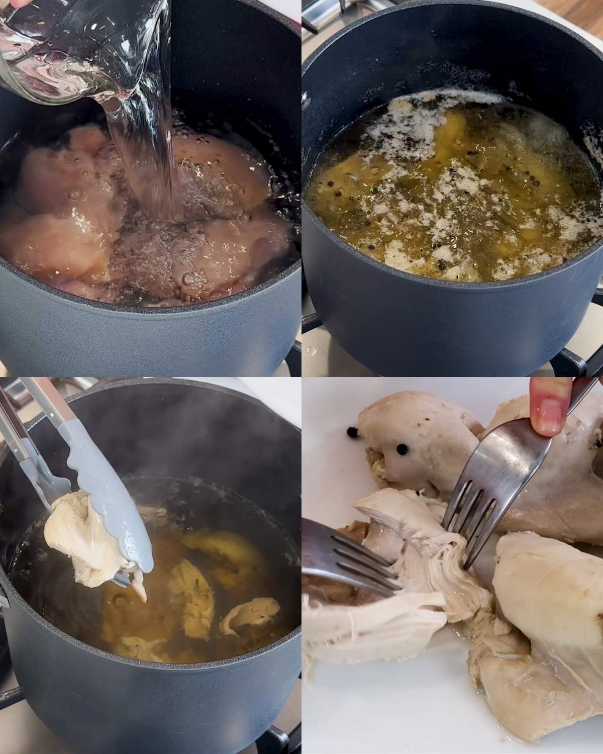 collage of pics: top left, water being poured in a pot with chicken thighs, top right, a pot chicken chicken thighs, water and seasonings; botton left cooking tongs grabbing a cooked chicken thigh; botton right, chicken thighs being shredded with two forks