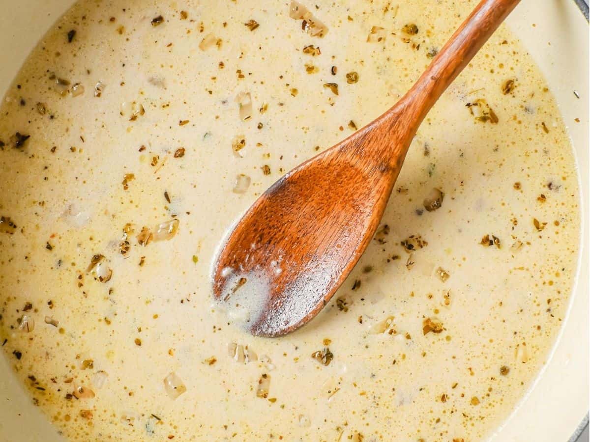 overhead view of lemon garlic sauce for chicken pasta