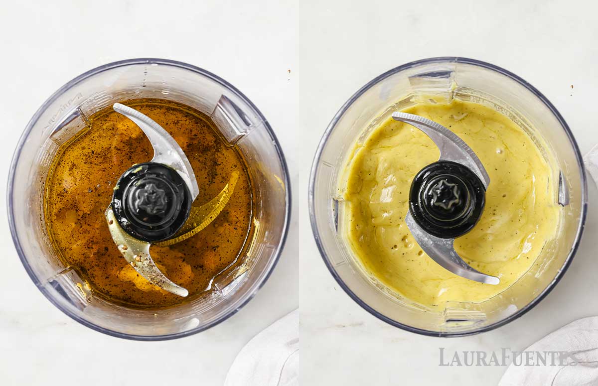 on the left: blender with dressing ingredients. on the right: a blender with the dressing blended.