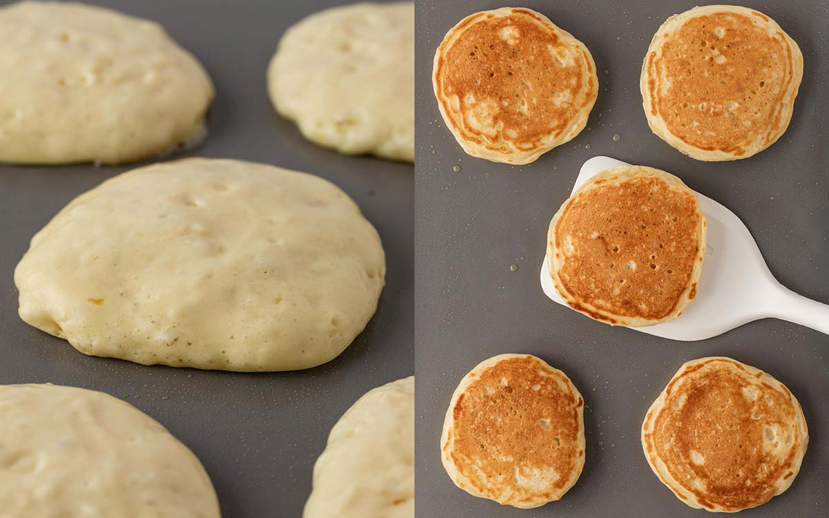 pancakes on a griddle before and after flipping