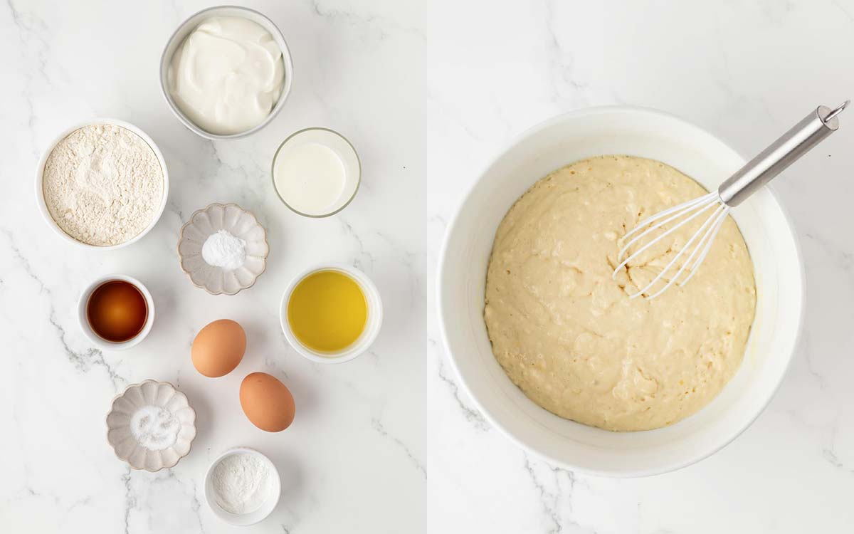Ingredients and batter of Greek yogurt pancakes