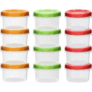 plastic jars with lids of yellow red and green colors
