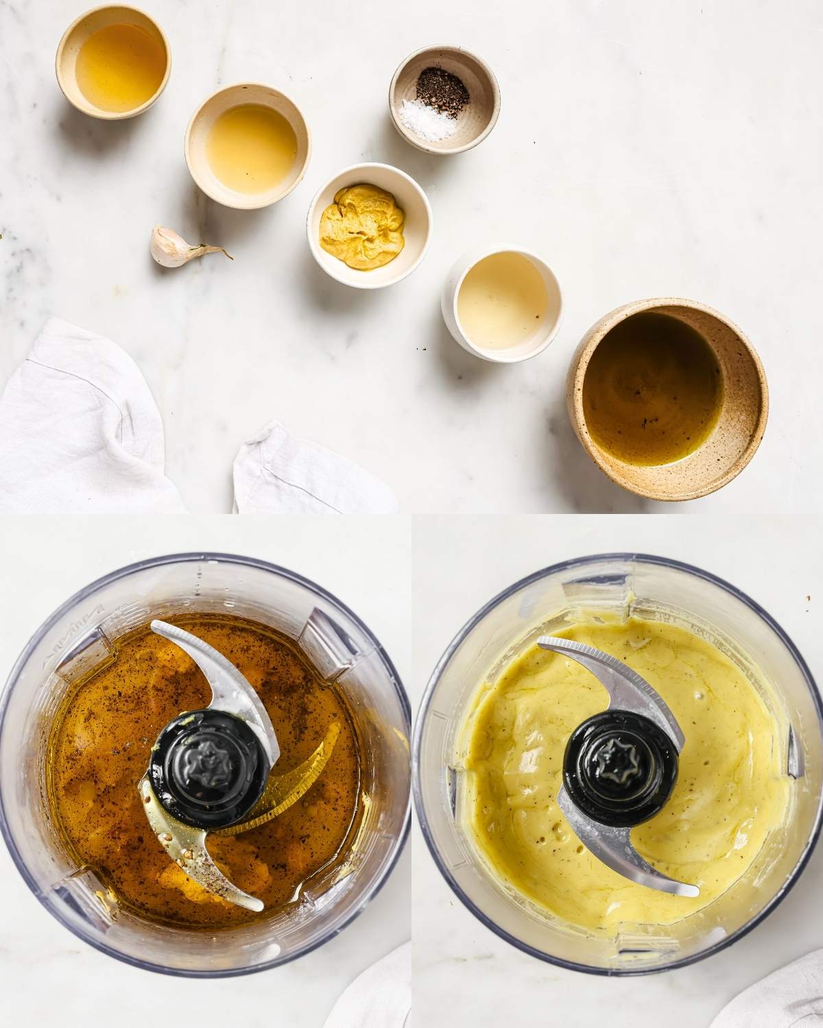 Top:  olive oil, champagne vinegar, Dijon mustard, salt, pepper, and a garlic clove in small bowls. Bottom left: vinaigrette ingredients combined in a food processor before blending. Bottom right: smooth champagne vinaigrette