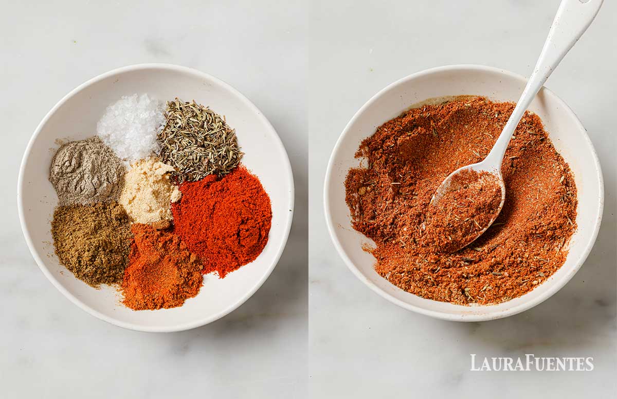 side by side images of blackened seasoning ingredients in a white bowl separated and mixed