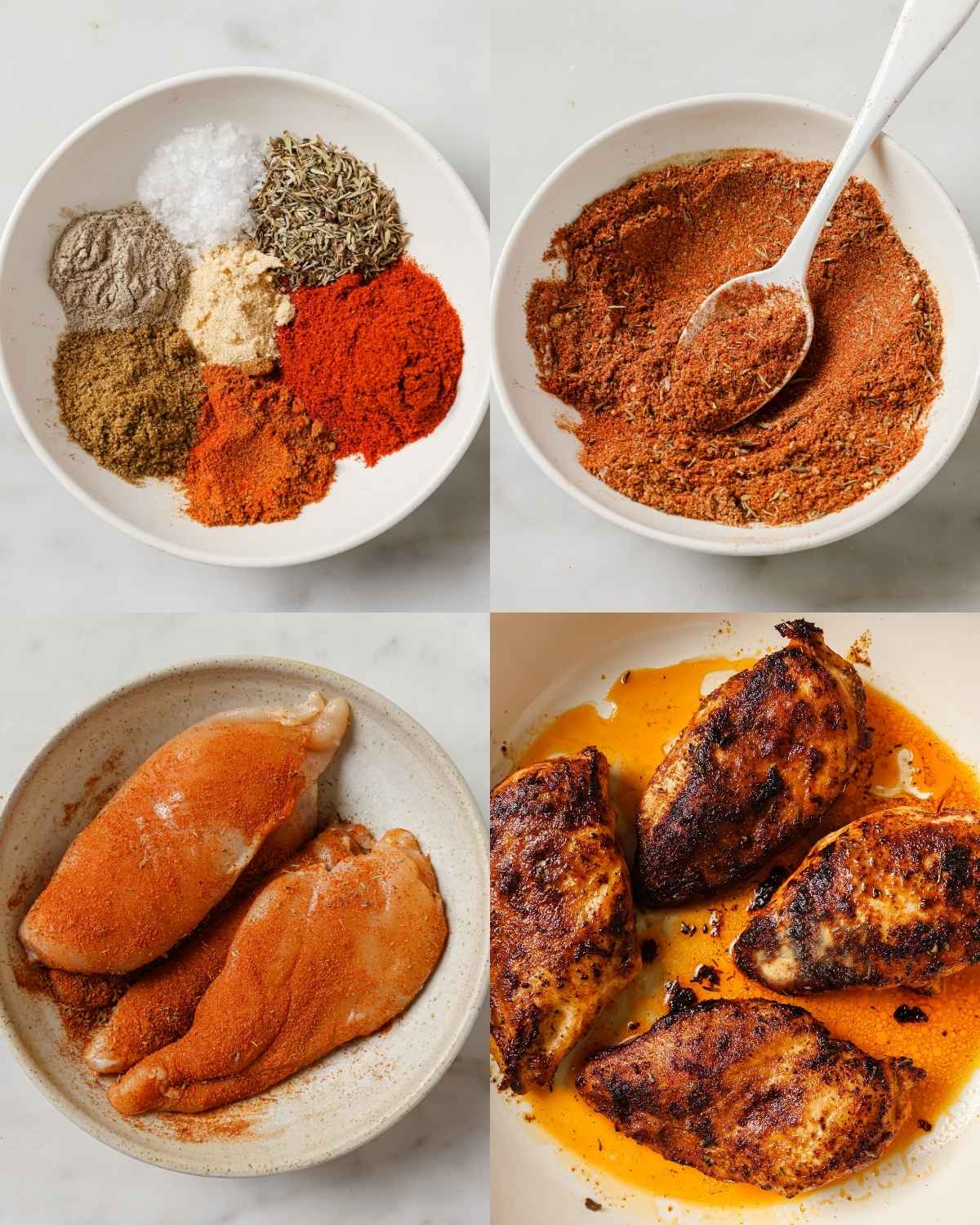 Top left: spices in a bowl. Top right: blackening seasoning in a bowl. Bottom left: raw chicken breasts coated with blackening seasoning in a bowl. Bottom right: blackened chicken breasts cooked with a dark crust.