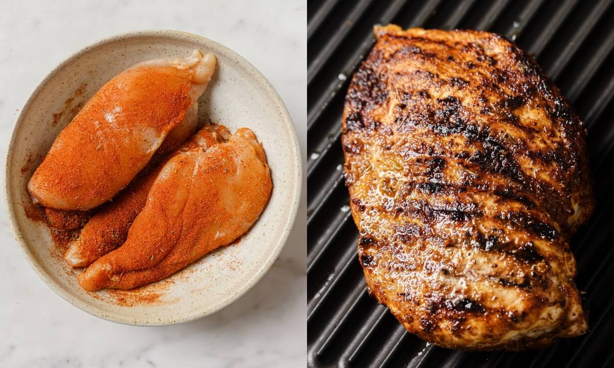 Left: raw chicken breasts coated generously with a seasoning blend in a bowl. Right: grilled chicken breast cooking on grill grates with dark char marks and a golden brown crust