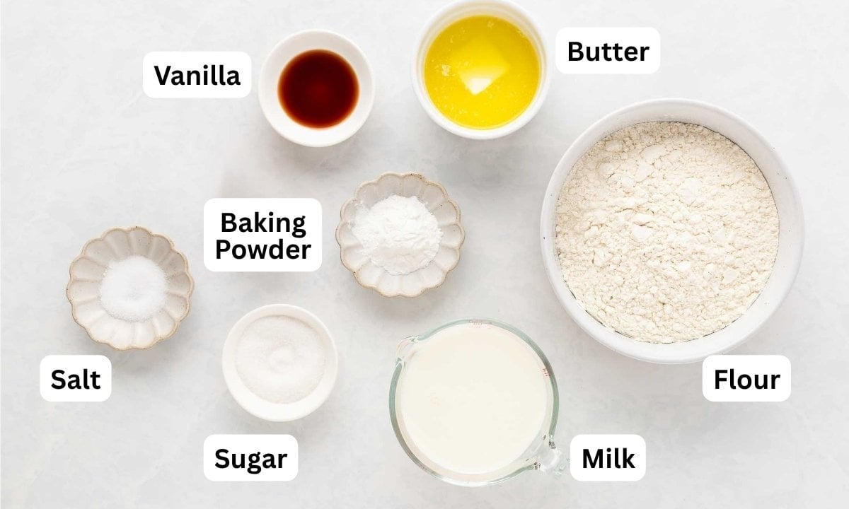 overhead view of ingredients needed to make eggless pancakes labeled