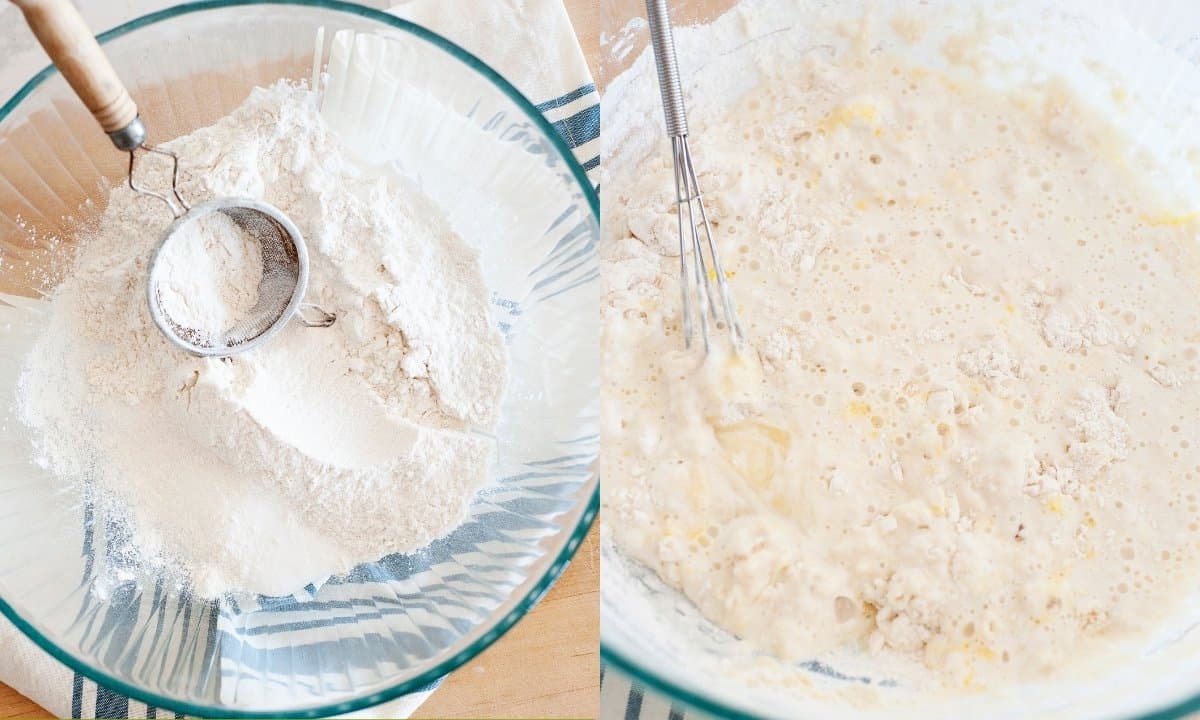 side by side image of making eggless pancake batter. on left a bowl with the dry ingredients and on the right, after adding the wet ingredients and the batter is mixed
