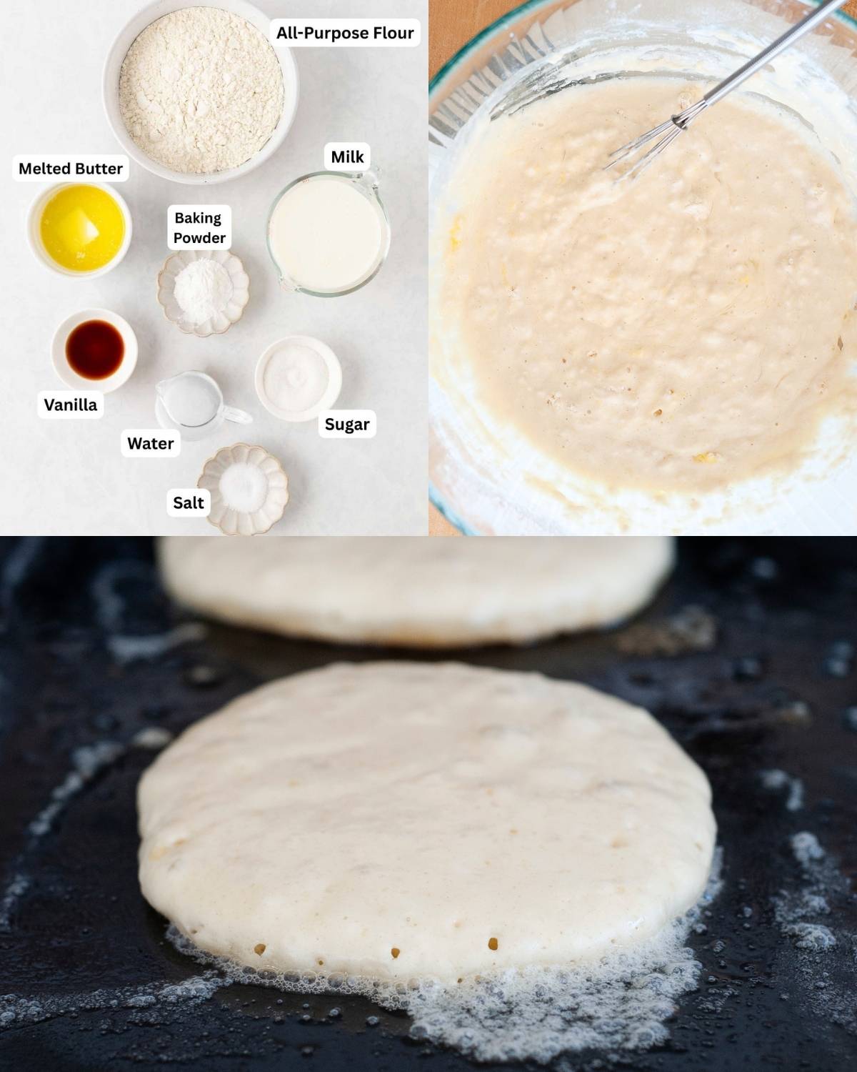 3 image collage of how to make pancakes without eggs. top left image is the labeled ingredients, top right image is the eggless pancake batter, and bottom image is cooking the pancakes on a griddle